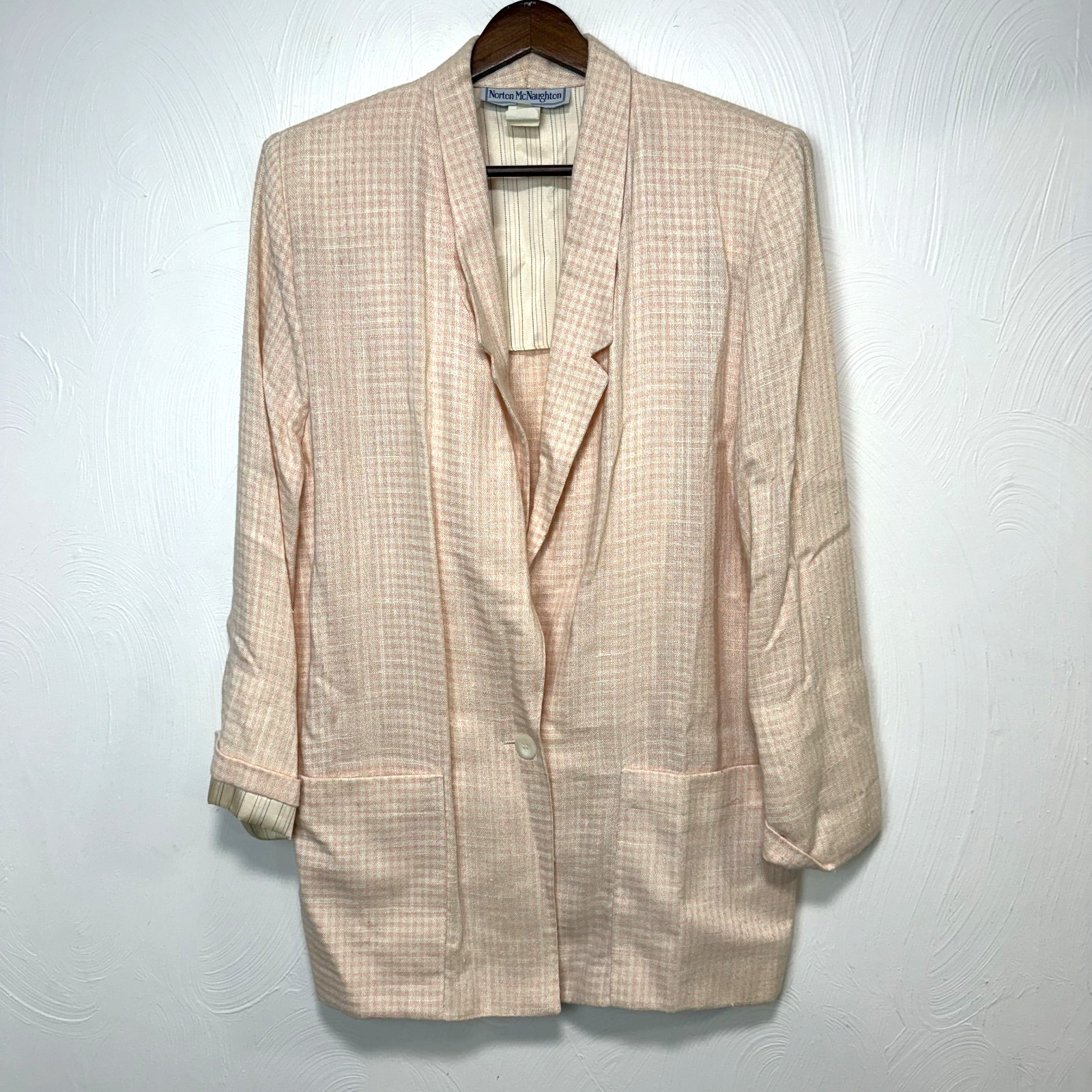 Vintage Norton McNaughton Women's Light Pink WIndowpane Plaid Blazer Jacket Sz 8