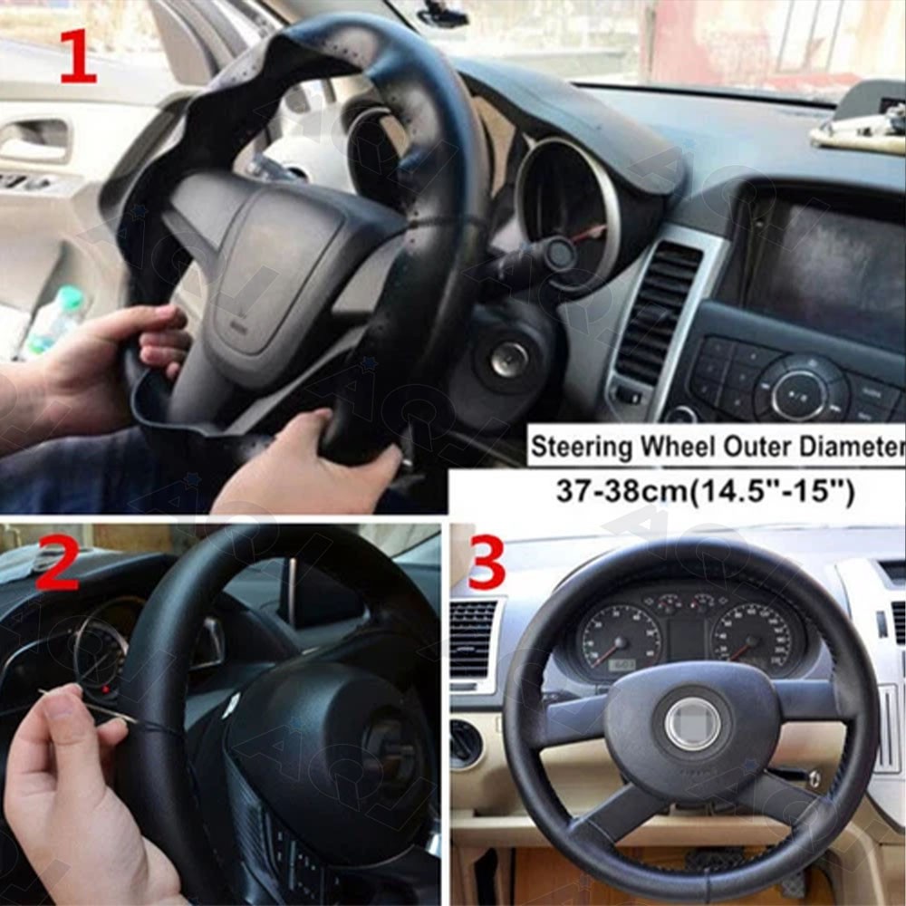 Genuine Leather DIY Car Steering Wheel Cover Anti-slip For 15"/38 cm Black US