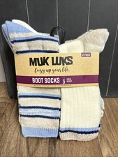 Muk Luks Women's Crew Blue Cozy Boot Socks Size 6-11 6-Pack Warm Winter B4