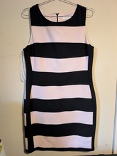 Calvin Klein Pink & Black Striped Sheath Dress 12 Ponte Knit Lined Sleeveless