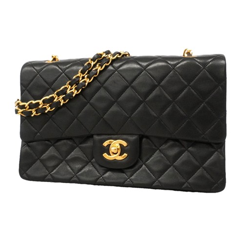Auth [6ie6815] CHANEL Shoulder Bag Matrasse W flap WChain Lambskin Black Gol...