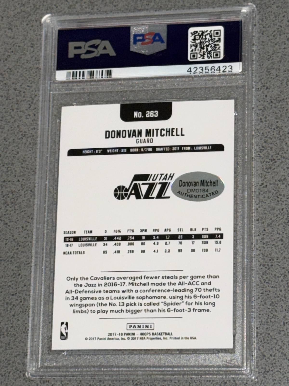 2017-18 Panini NBA Hoops Donovan Mitchell Signed RC #263 Rookie PSA 9 w/ 10 Auto view 2