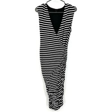 Mossimo size small black white striped fitted v neck dress midi ruched