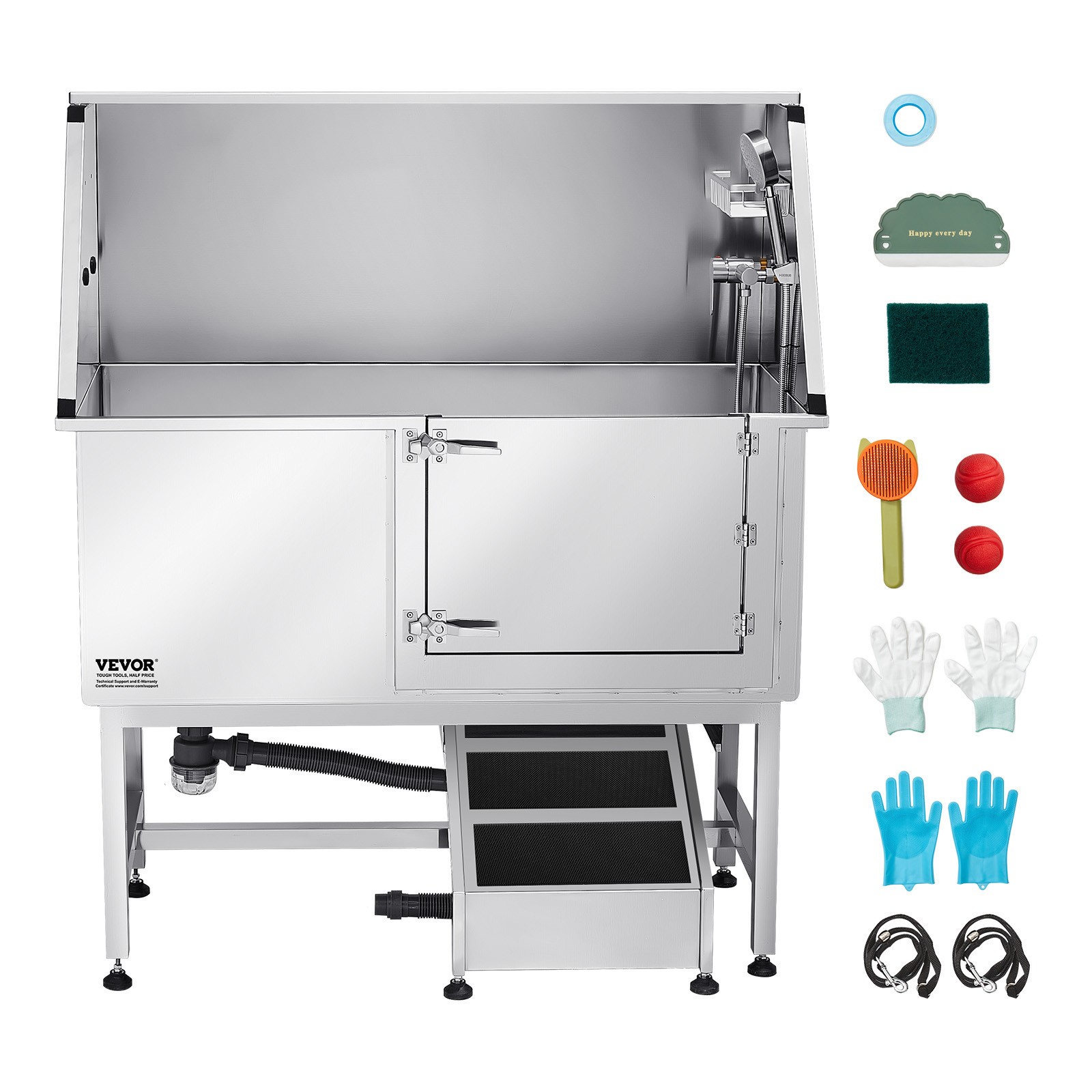 VEVOR 50" Pet Dog Grooming Bath Tub Stainless Steel w/ Ramp & Water Filter