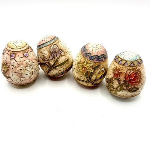 Menge 4 Deko Kunst Crackle Harz Ostereier Hase Blumen - Bild 2 von 4