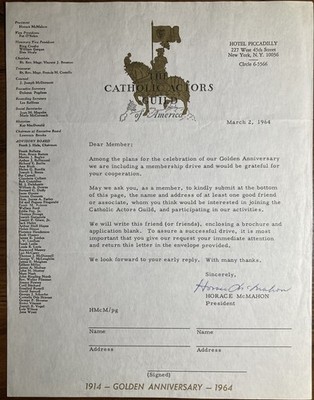 HORACE McMAHON-Typed Letter Signed-Catholic Actors Guild-1964