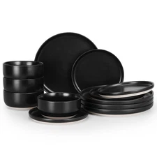 Stoneware Dinnerware Sets, 12-Piece Plates and Bowls Set for 4, Dishes Set fo...