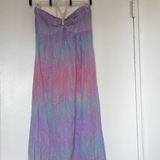 Women's Maxi Dress S Purple Pink Blue Striped Ruffle Drawstring Elastic