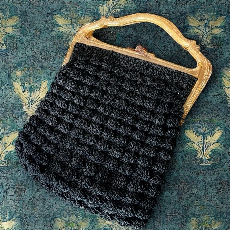 Art Deco Black Crochet Purse Celluloid Frame 1920s Evening Flapper Bag - Image 2 of 4