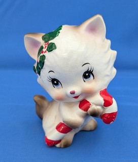 VTG Ceramic Christmas Cat Figure Glaze Finish Festive Candy Cane Lefton Japan