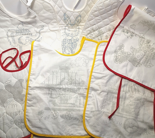 7 Vtg Baby Bibs Unfinished Cross Stitch Embroidery Rabbit Horse Elephant Train