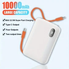 Powerbank with Built-in Charging Cable, 22.5W Fast Charging Type-C & USB Outputs