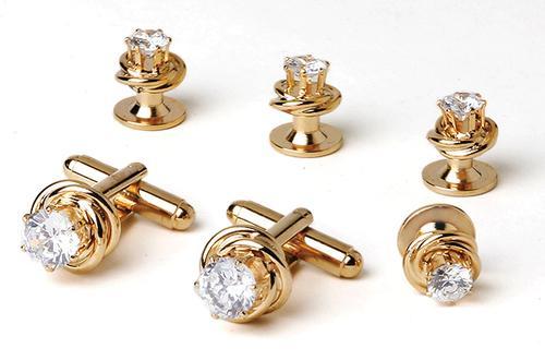 New Mens Gold Love Knots Cubic Zircon Cuff Links Studs Box Set Top Quality - Photo 1 sur 1