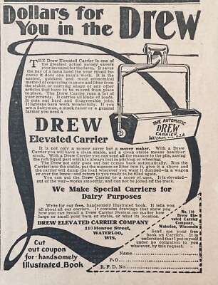 1907 AD.(XH11)~DREW ELEVATED CARRIER CO. WATERLOO, WIS.  ELEVATED BARN CARRIER
