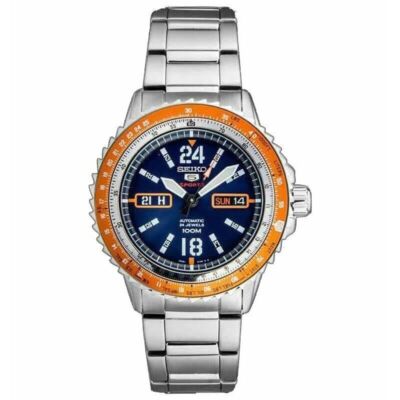 Seiko 5 SRP351K1 Sports Silver Blue Dial Orange Bezel Automatic SRP351 New 