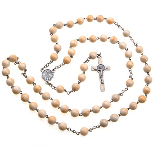 St Benedict Beige Round Rosary Beads 7mm Catholic Women 20" Antique Finish - Picture 2 of 4