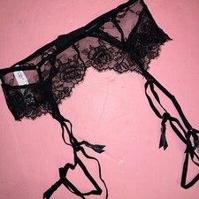 NWT Victoria's Secret XS/S,M/L GARTER Belt BLACK GROMMET ROSE lace