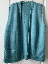 Vintage Handmade Knitted Cardigan Sweater Vest Teal Green with Pockets Soft Yarn