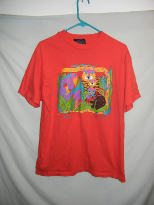 VTG Laurel Burch t-shirt Cats birds LG red cotton graphic animal Art