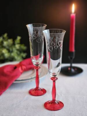 LOVE 6 oz Crystal Champagne Glass Set with a Red Stem 2 Piece Set