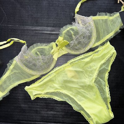 Victoria's Secret DESIGNER COLLECTION 34B BRA SET Thong NEON YELLOW  CRYSTALLIZED 