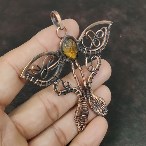 Carved Tiger's Eye Gemstone Art Deco Wire Wrapped Butterfly Wife Pendant Copper - Video 1 of 1