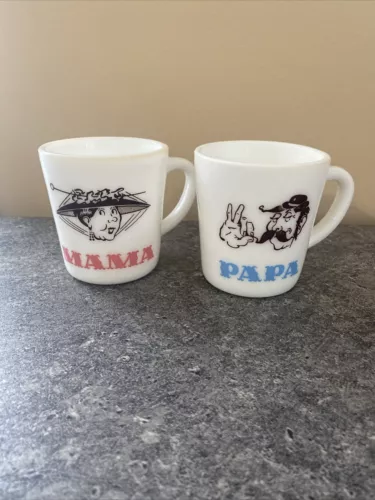 Vintage Hazel Atlas “MAMA & PAPA” Milk Glass Coffee Mugs- 1950s