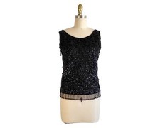 Vintage 1960s Black Sequin Knit Shell Top Sleeveless Blouse Size S