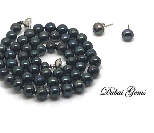 Fresh Water Rare Blue Pearl Bead Necklace and earring in luxury giftbox freepost - Picture 9 of 12
