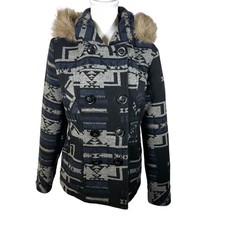 Dollhouse Wool Blend Aztec Double Breasted Hooded Coat Women L Blue Lined