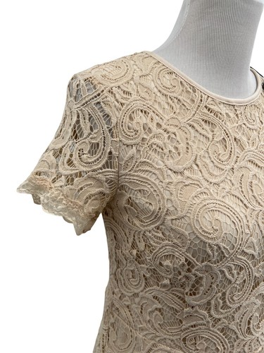 NEW Adrianna Papell Latte Beige Lace Overlay Peplum Blouse Top Womens Size Small - Picture 2 of 12