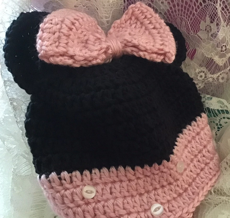 Pink& Black Mickey Mouse Handmade Crochet Hat & Booties, Size 6-9 Month - Image 4 of 4