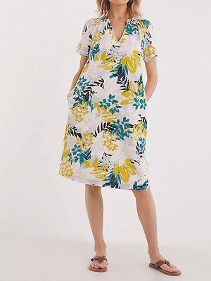 Julipa Shift Dress Linen Blend BLUE Leaf Short Sleeves Size 10 16 18 20 22  24 UK