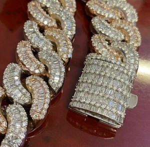 Authentic Men's 20mm x 24" Long Round Baguette Cuban Link in 14k White Gold Plated Silver