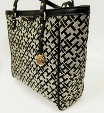 Tommy Hilfiger Women's Large Black Canvas Tote Bag  Jacquard North South Handbag