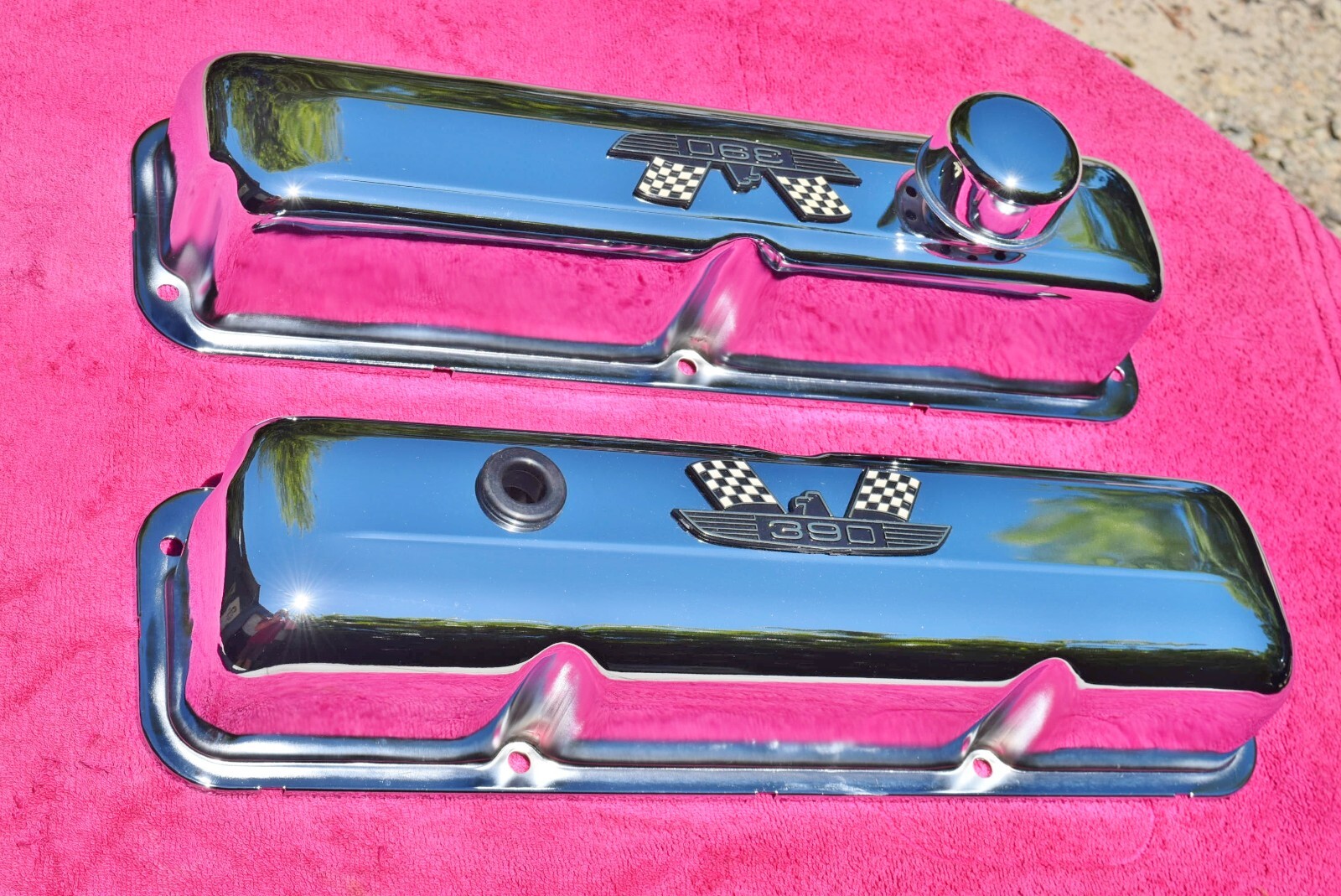 Ford FE 390 Chrome Valve Covers with Gold 390 Birds EmblemsGalaxie
