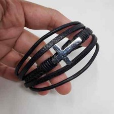 Mutistrand Women Braided Leather Snap Closure Cuff Bangle Cross Fashion Bracelet