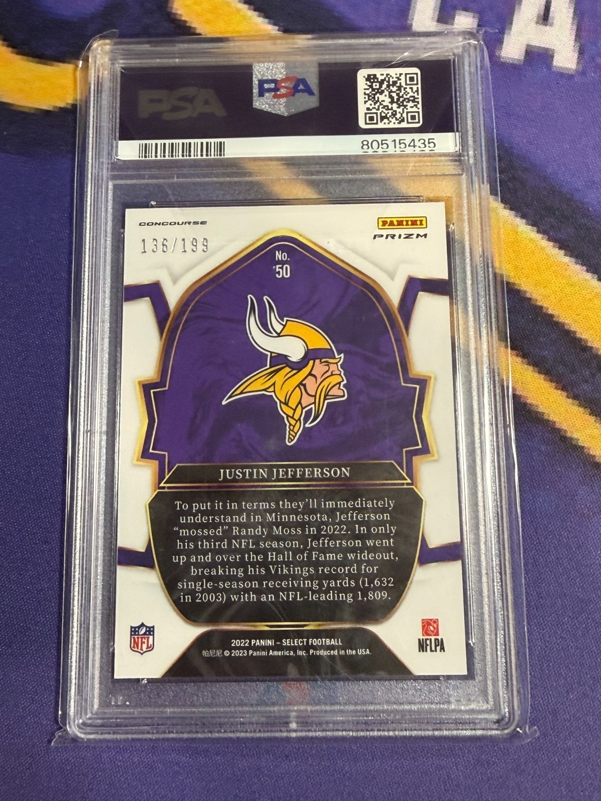 2022 Select Justin Jefferson /199 Blue Prizm #50 Concourse Level PSA 10 view 2