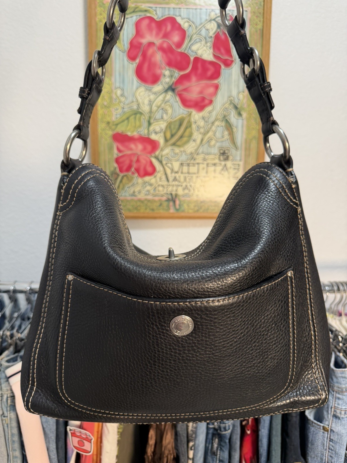 Vintage COACH  Chelsea Pebbled Black Leather Shoulder Bag with Turn lock 10132