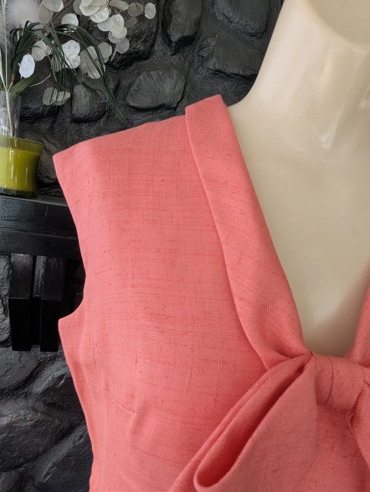 复古 50 年代 Teal Trainer 纽约三文鱼粉色换装连衣裙 V 领带蝴蝶结腰围 10 码 — 第 3/4 张图片