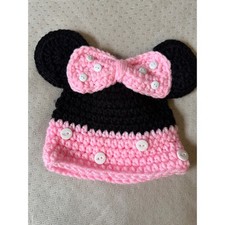 Handmade Minnie Mouse Crochet Beanie Kids One Pink Black Excellent Button Bow