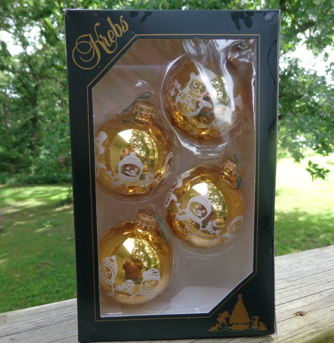 Krebs Christmas Holiday Ornament Set 4 White Glittery Snowman Gold Glass Balls