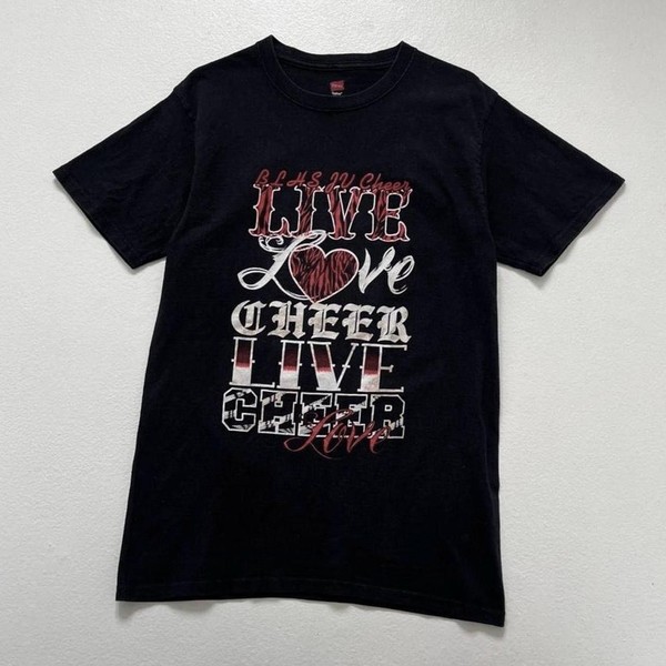 Live Laugh Love Cheer Slogan T Shirt Black White Red Graphic Print Womens XS/S