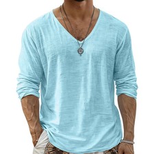 Spring Summer Men's Long Sleeve Cotton Linen T-Shirts Chic V-Neck Solid Casual T