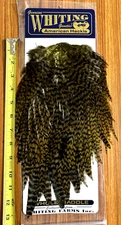 Whiting American Rooster Saddle, Grizzly dyed Dark Olive, Fly Tying