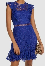 $270 Aqua Women's Blue Ruffled Lace Floral Cap Sleeve Sheath Dress Size XS.