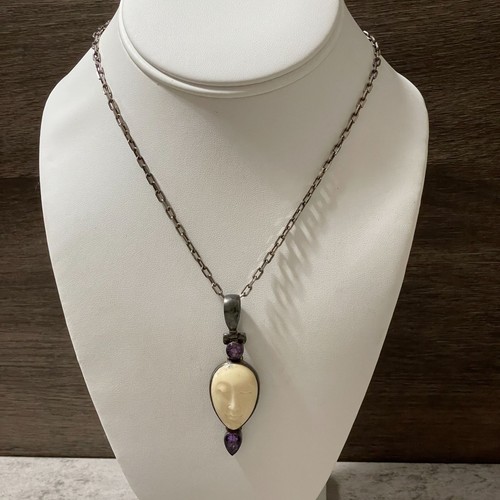 Vintage Carved Goddess Face Pendant Amethyst Sterling Silver Necklace 11" Drop - Picture 2 of 9