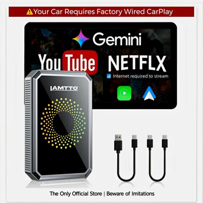 Wired CarPlay to Wireless Adapter -Stream Netflix/YouTube/TikTok & Gemini AI on