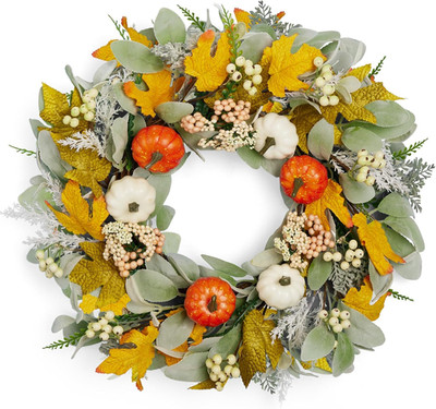 Fall Wreaths for Front Door, 22-24  Seasonal Wreath Decorations with Pumpkins/Be