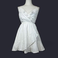 Express Womens White Floral Eyelet Wrap Front Mini Dress XS Cottage Soft Girl